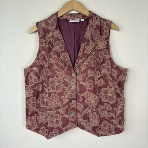 Denim & Co L Vest Western Jacquard Red Floral Boho Grunge Cowgirl Waistcoat